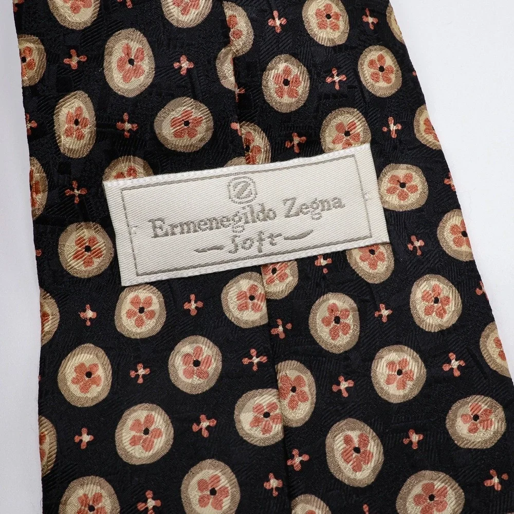 Ermenegildo Zegna Tie Mens Geometric Floral Silk OS Black Gold Italy